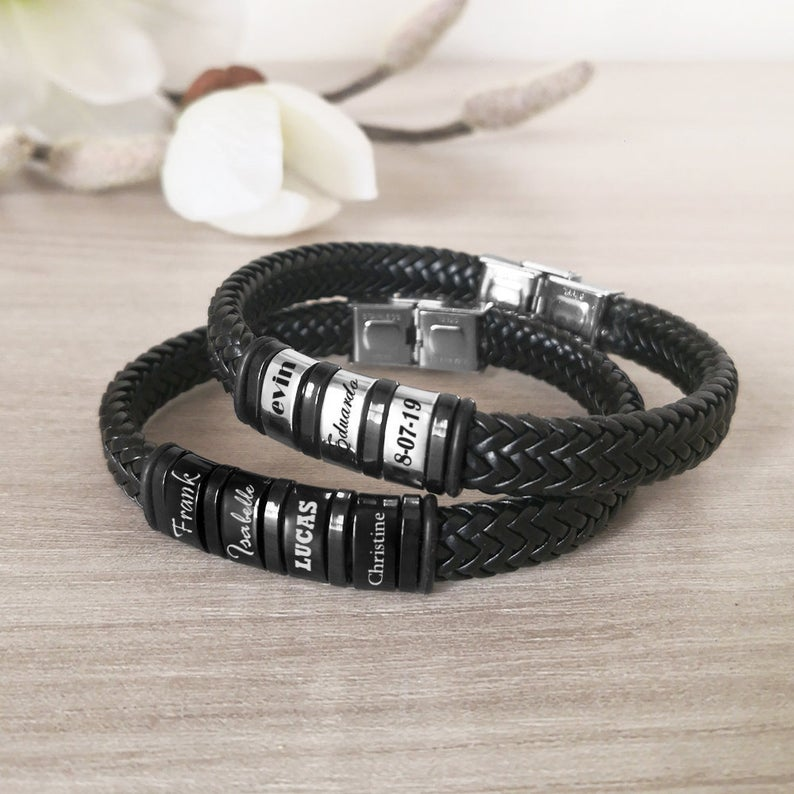 A mi querido-Pulsera de cuero trenzado de hombre con 4 perlas personalizadas con 4 nombres-Jessemade ES