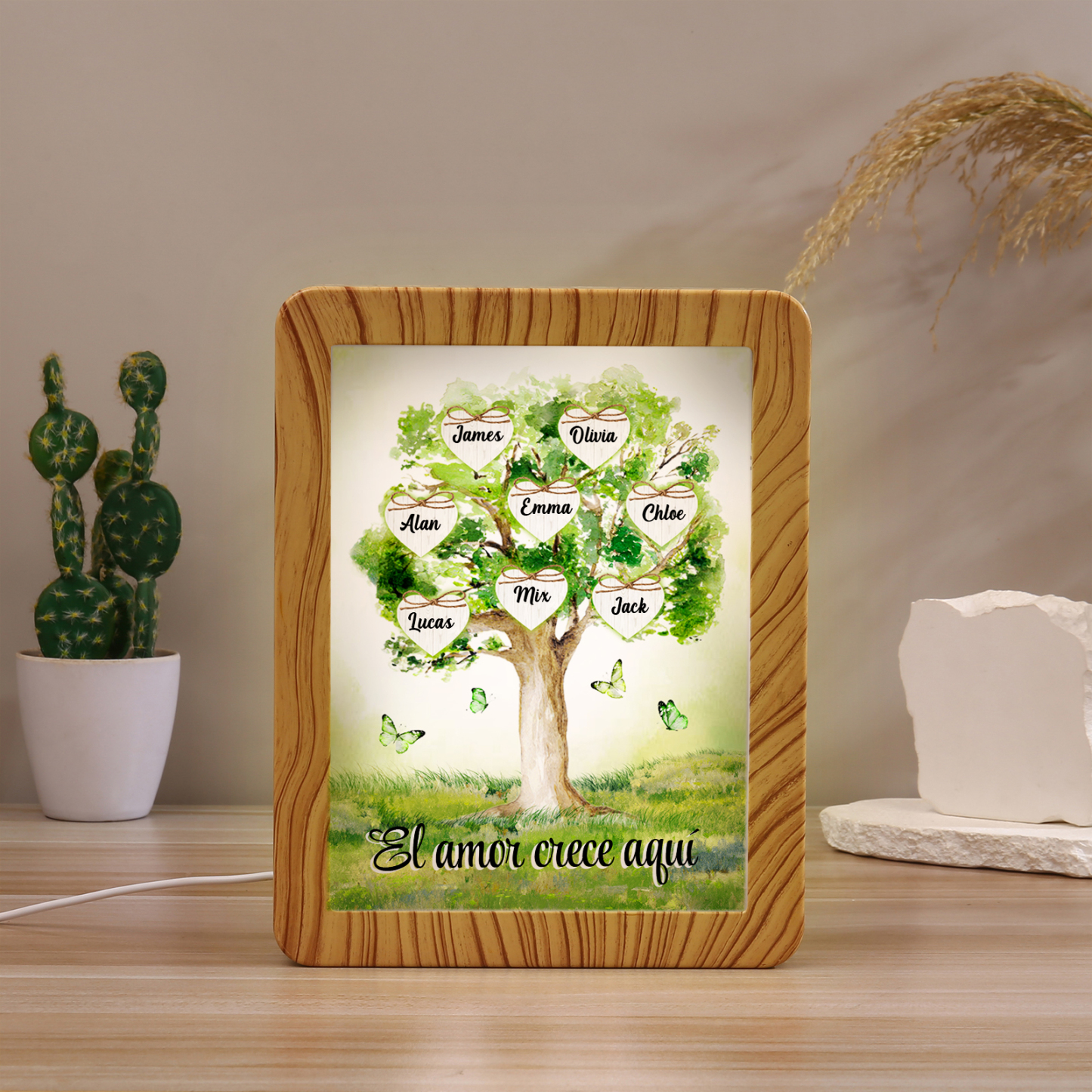 Marco/Espejo con LED Multifuncional Árbol de la Vida 2-8 Nombres Personalizados con 1 Texto-Jessemade ES