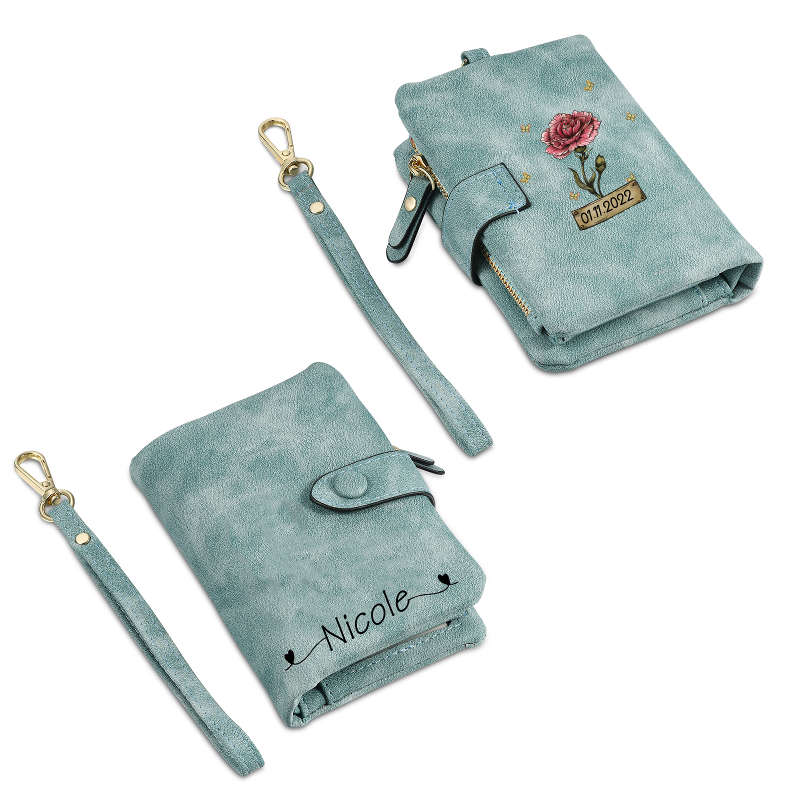 Cartera, billetera con 1 nombre, 1 fecha y 1 flor de nacimiento personalizados monedero clásico para mujer