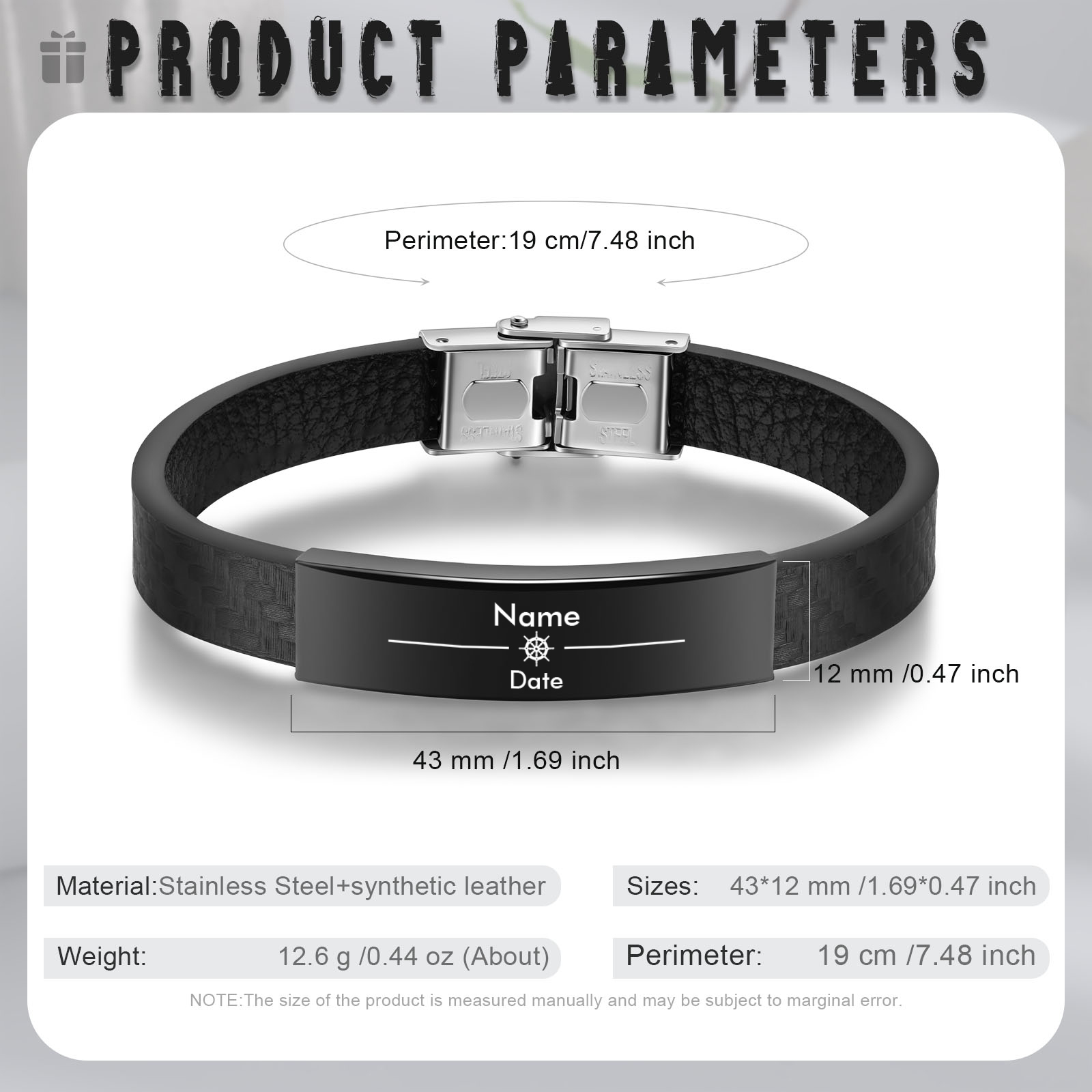 Pulsera de Cuero con Placa de Nombre y Fecha Personalizados -Jessemade ES