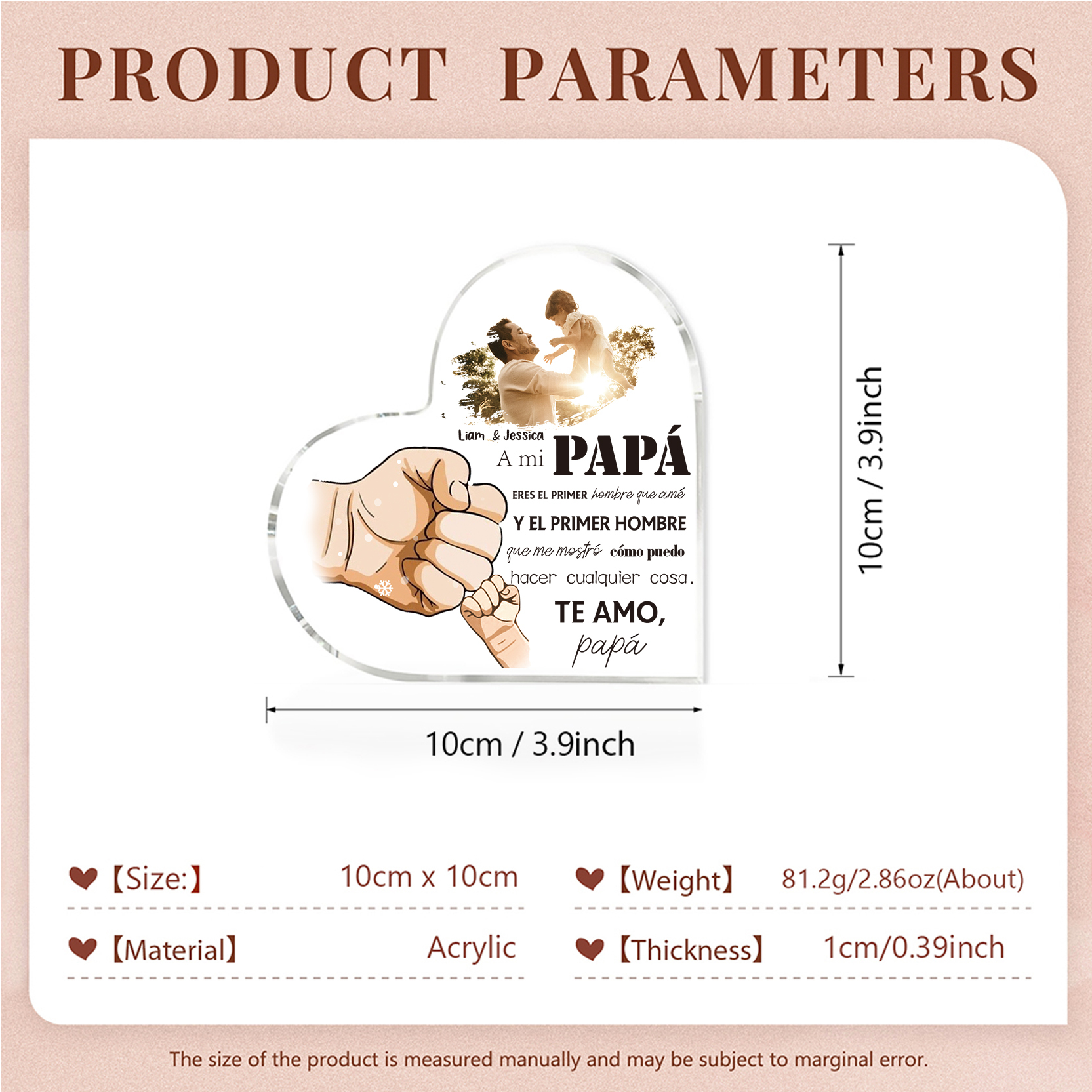 A mi papá-Placa de acrílico en forma de corazón con 2 nombres y 1 foto personalizados-Jessemade ES