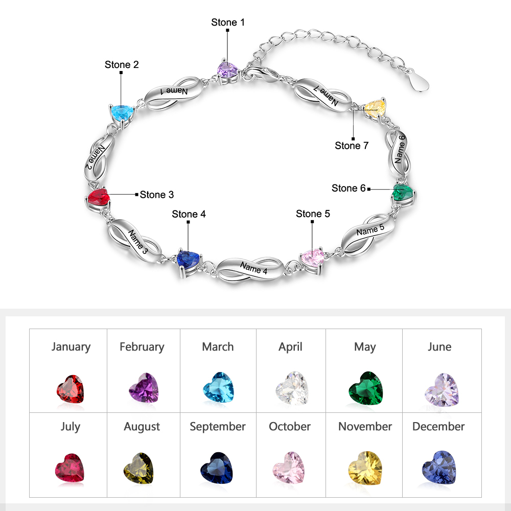 Pulsera "infinito" personalizada con 7 nombres y 7 piedras de nacimiento de corazón-Jessemade ES