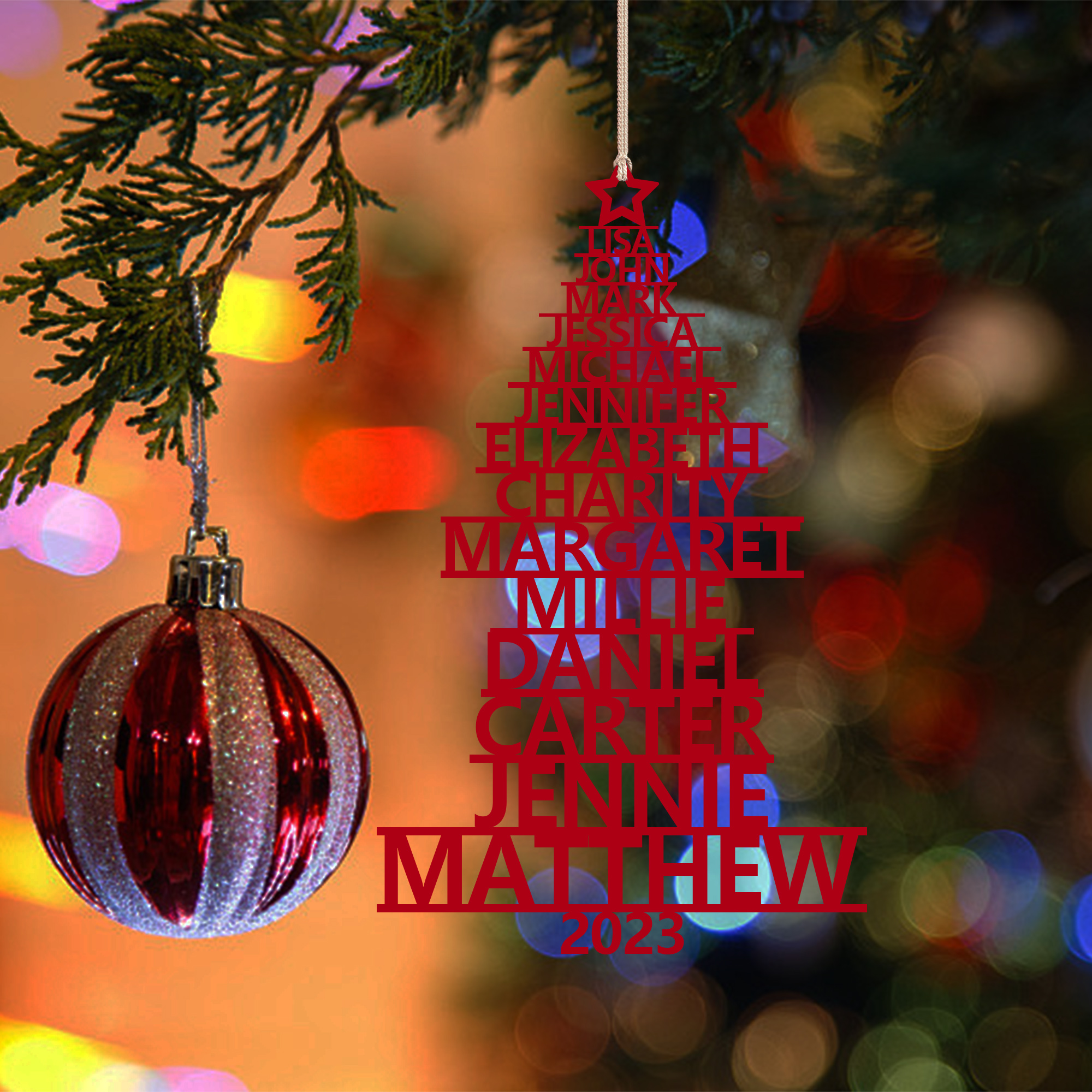 Navidad-Ornamento navideño de madera árbol de nombres con 14 nombres y año personalizados