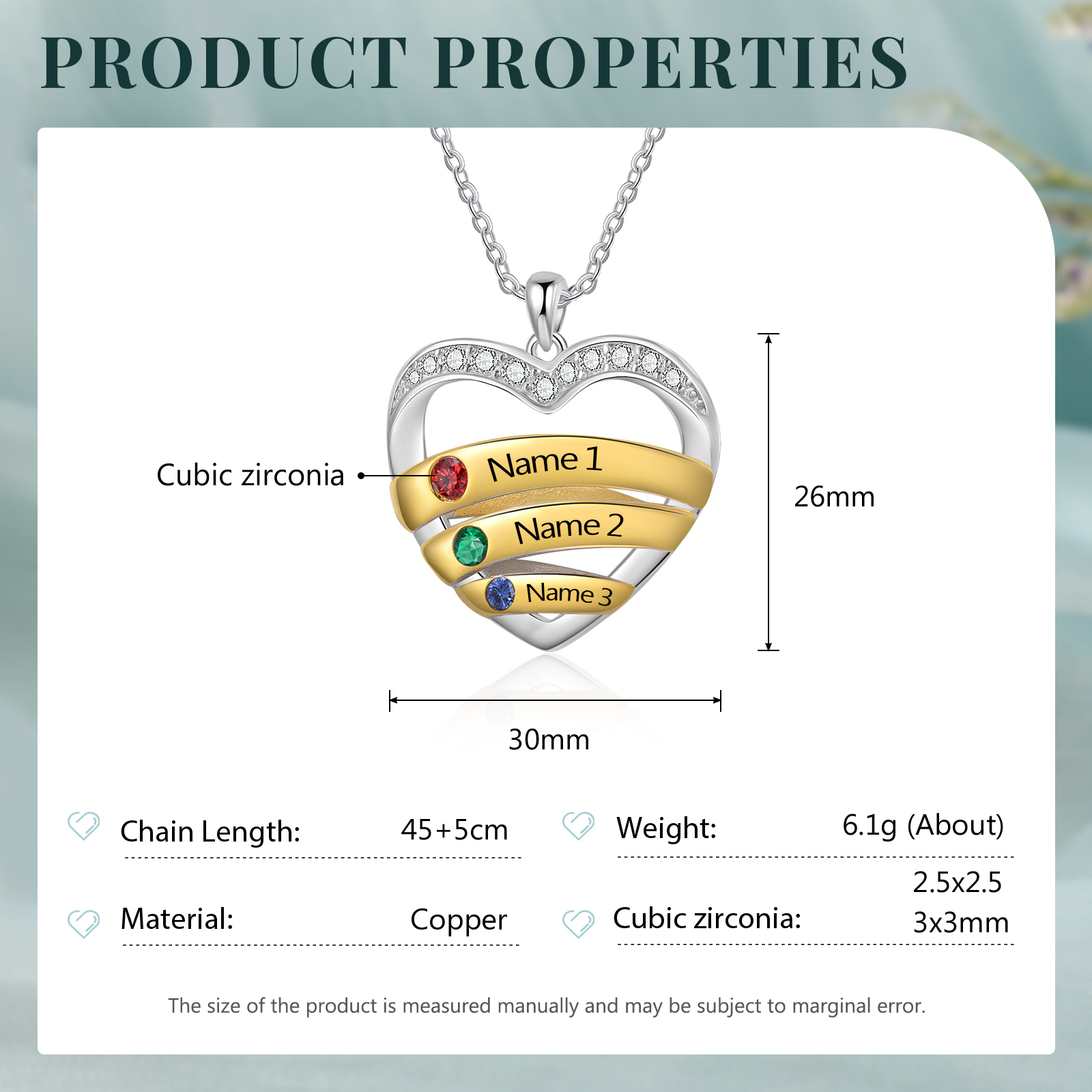 Collar de corazón con 3 nombres y piedras de nacimiento personalizados-Jessemade ES