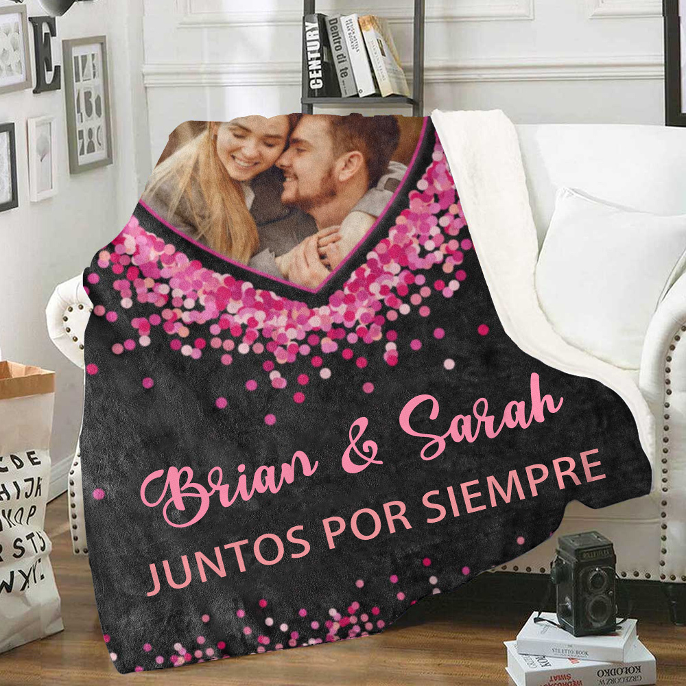Pareja-Manta de buen calidad de corazones conectados personalizada con nombres y foto-Jessemade ES