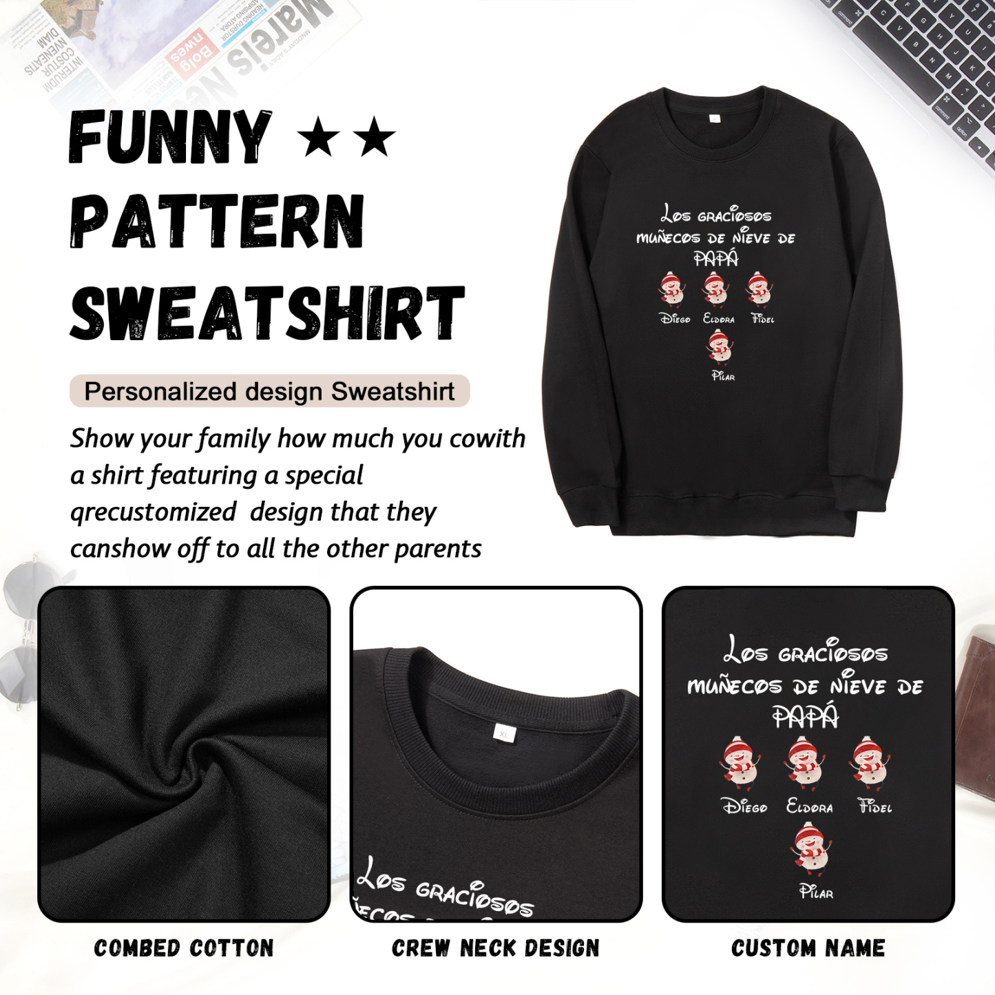 Familia-Sudadera "Muñecos de nieve" 5 nombres personalizados-Jessemade ES