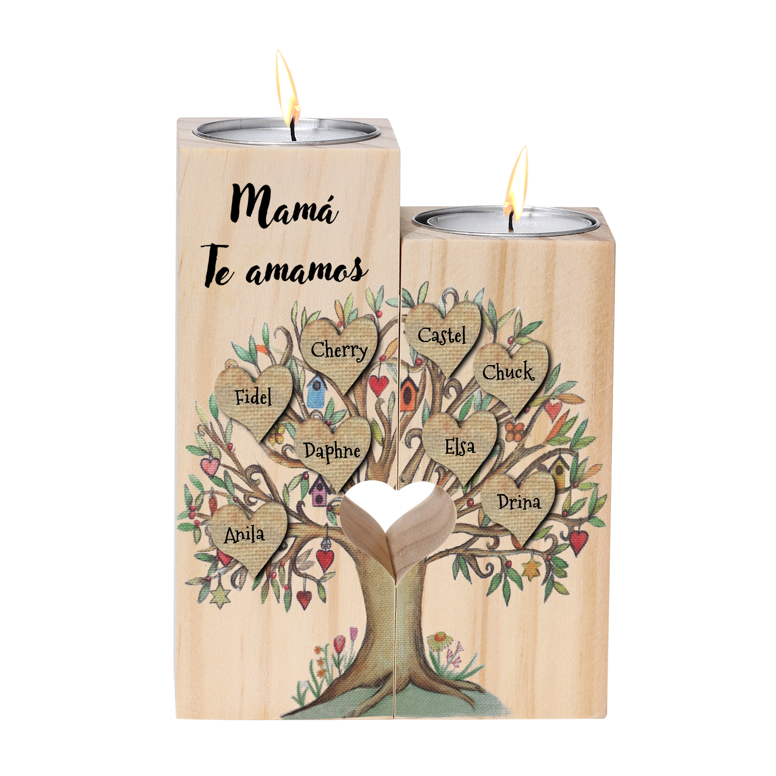 A la familia-Candelero de árbol de la vida de madera personalizado con 3-8 nombres y 1 texto sin vela-Jessemade ES