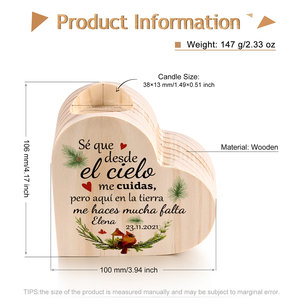 Navidad en el paraíso-Candelero de corazón en memoria de ser querido personalizado con nombre y fecha de madera sin vela-Jessemade ES