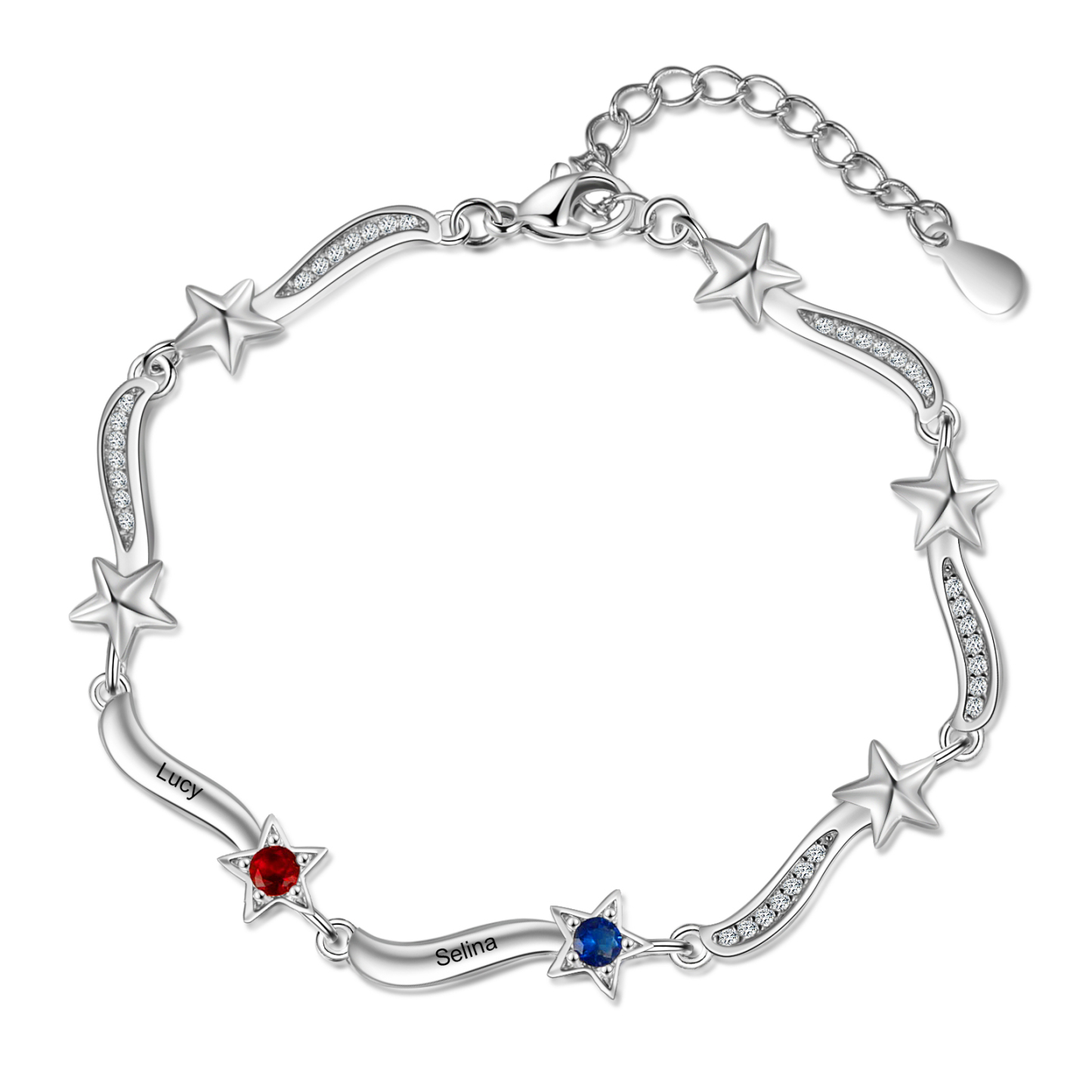 Pulsera Brazalete personalizada de 2 nombres y estrellas con 2 piedras de nacimiento-Jessemade ES