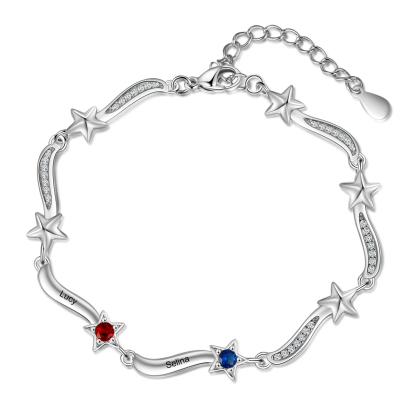 Pulsera Brazalete personalizada de 2 nombres y estrellas con 2 piedras de nacimiento-Jessemade ES
