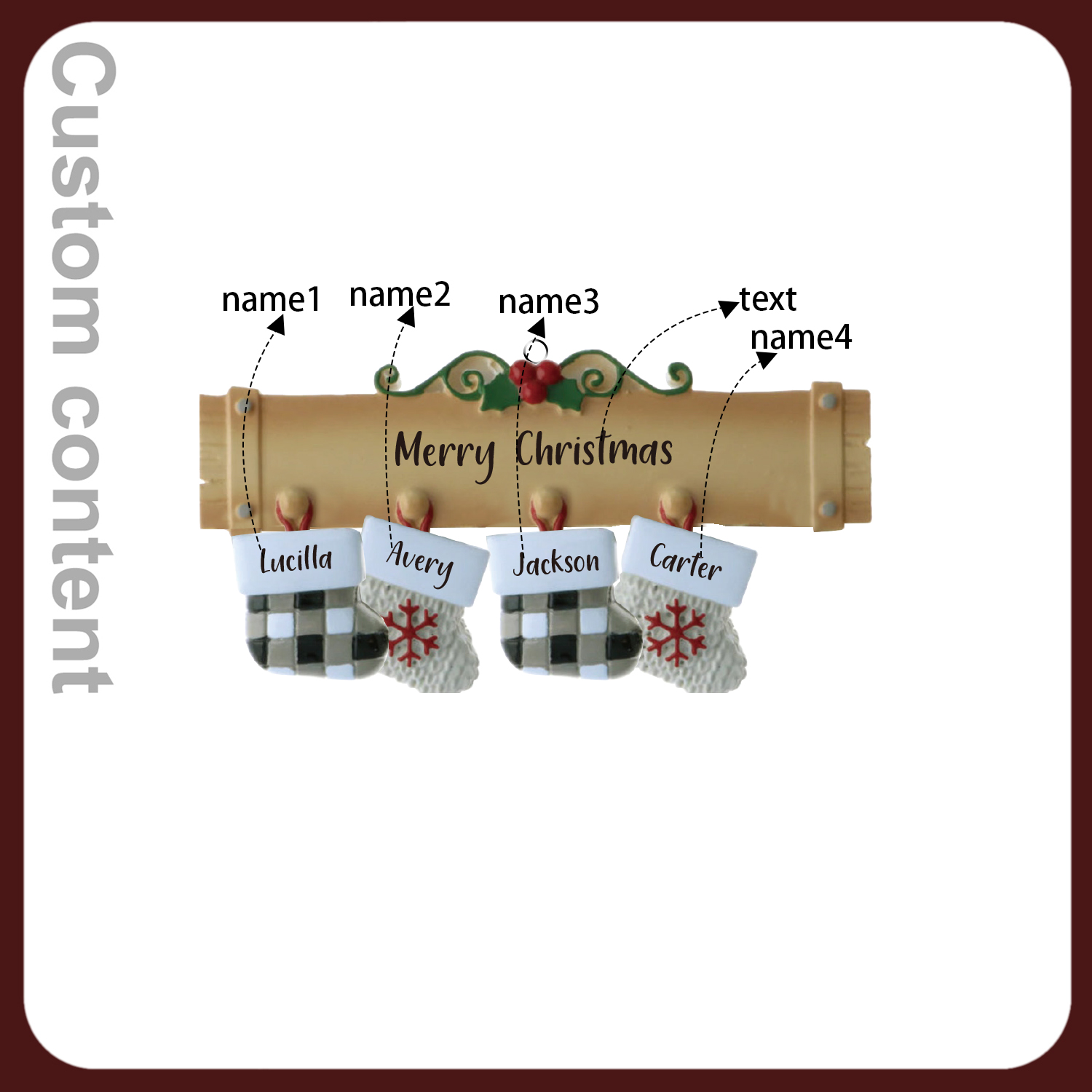Navidad-Ornamento muñecos navideño de madera calcetines 4 nombres y 1 texto personalizados adorno del árbol-Jessemade ES