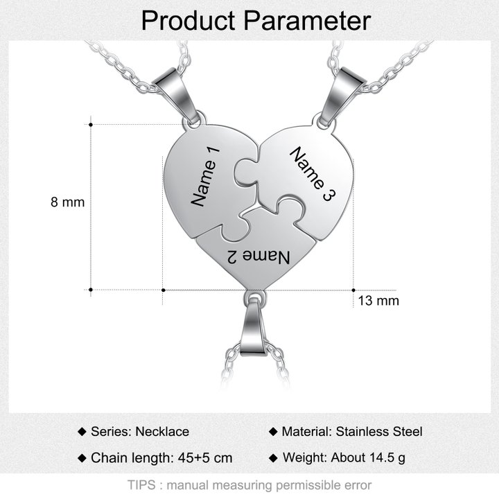 Collares de corazón 3 piezas de rompecabezas 3 nombres personalizados-Jessemade ES