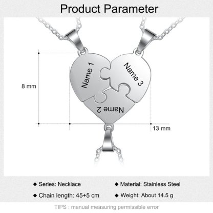 Collares de corazón 3 piezas de rompecabezas 3 nombres personalizados-Jessemade ES