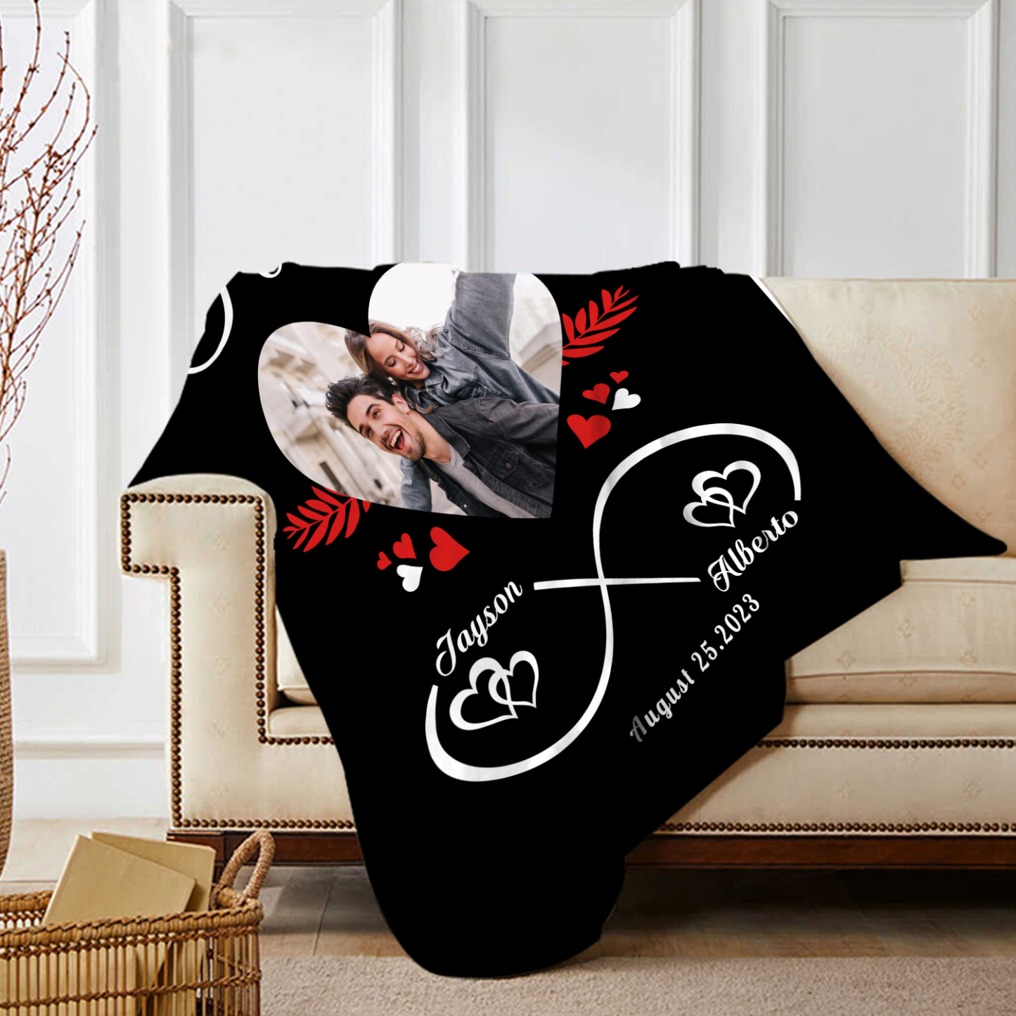 Pareja-Manta de buen calidad de nudo infinito y foto personalizada con nombres y fecha-Jessemade ES