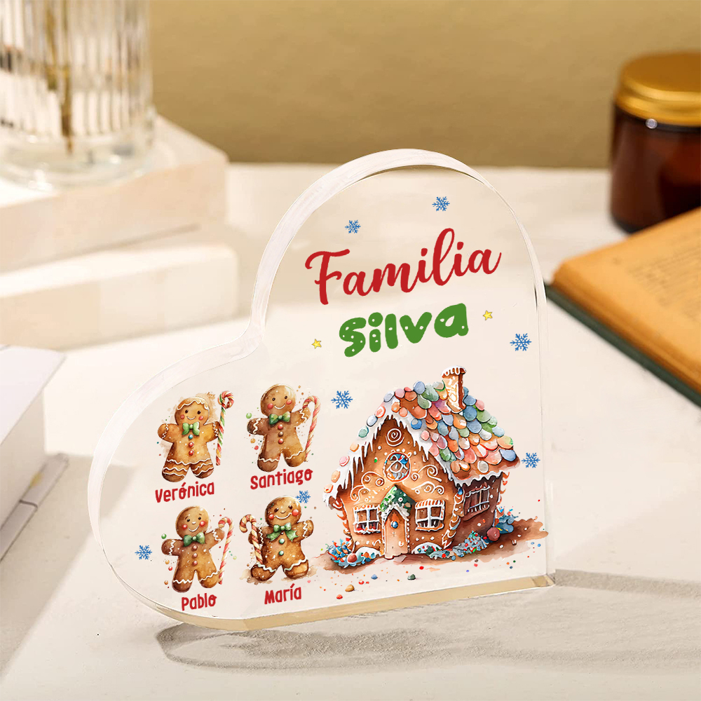 Navidad - Placa de acrílico en forma de corazón jengibres y su casa con 4 nombres y 1 texto personalizados-Jessemade ES