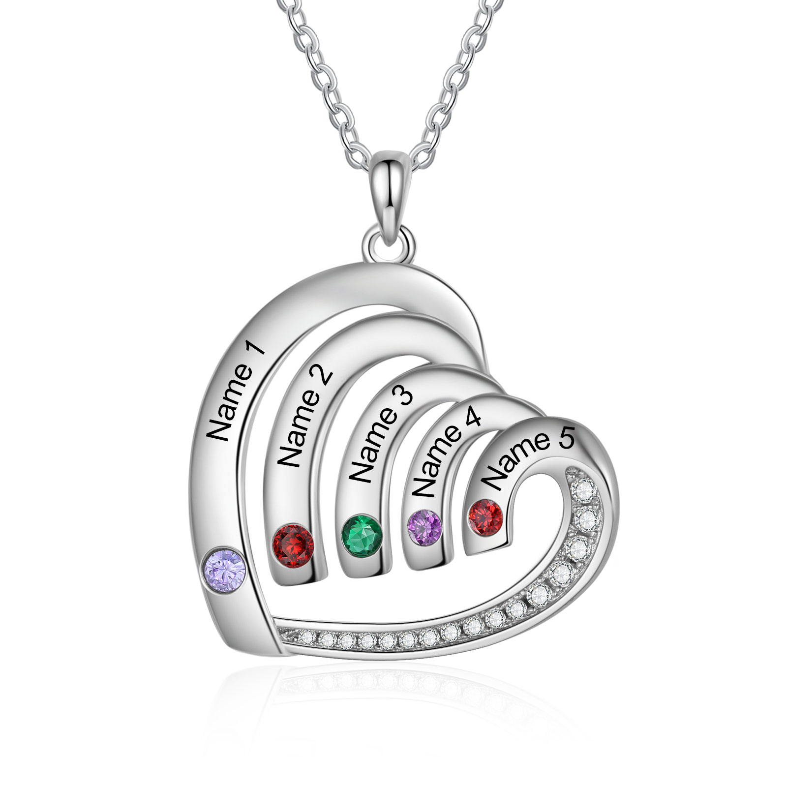 Collar en corazón con 2-5 nombres personalizados y 2-5 piedras de nacimiento-Jessemade ES