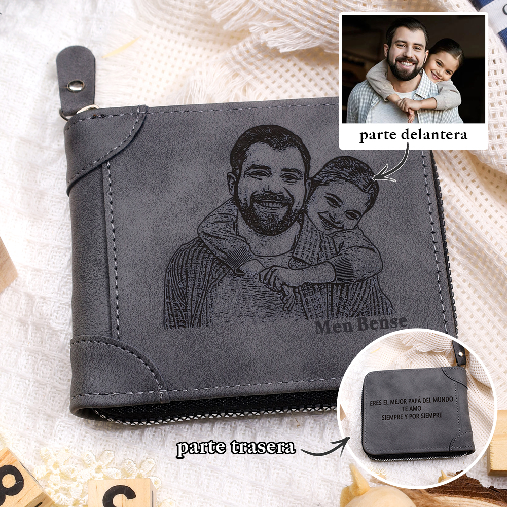 Cartera, billetera con cierre con 1 foto y 3 textos personalizados, monedero clásico para hombre | Jessemade