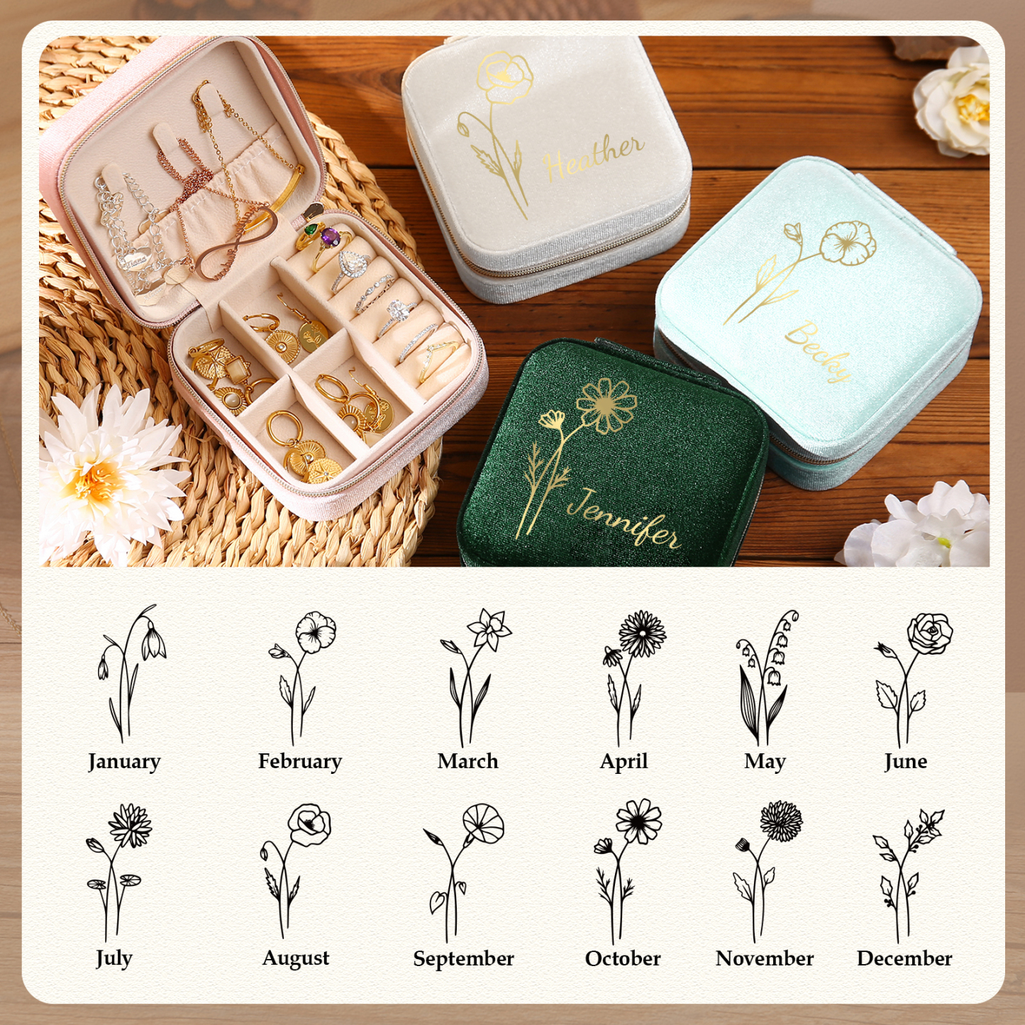 Caja de regalo para joya personalizada con nombre y flor de nacimiento-Jessemade ES