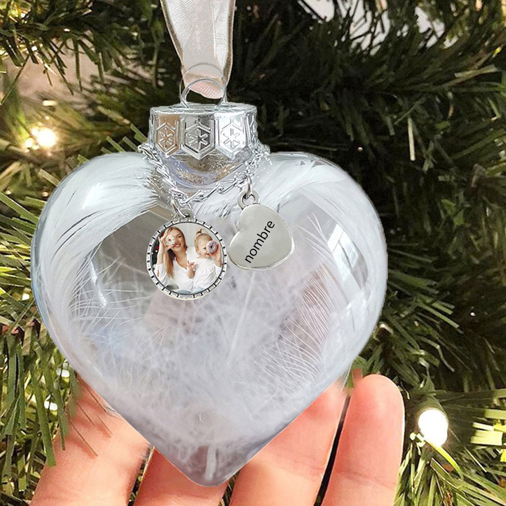 Bola navideña Adorno de Navidad 1 nombre y 1 foto personalizados en forma de corazón con pluma  | Jessemade ES