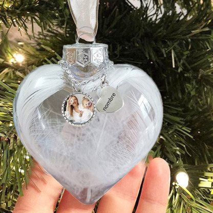 Bola navideña Adorno de Navidad 1 nombre y 1 foto personalizados en forma de corazón con pluma  | Jessemade ES