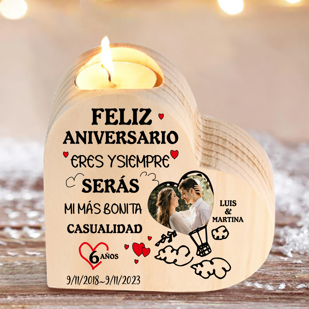 Aniversario-Candelero de madera para pareja con texto amoroso sin vela personalizado con nombres, fecha, foto y número-Jessemade ES