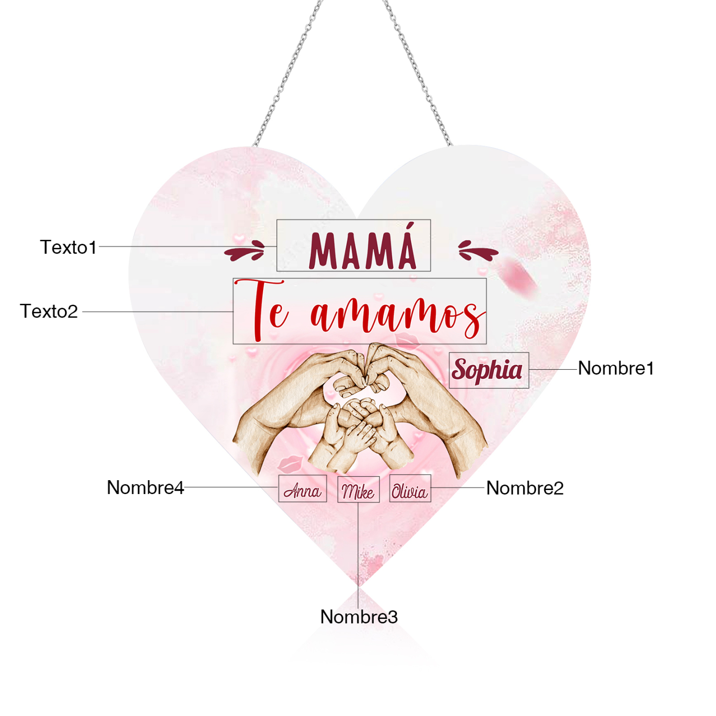 A mi mamá/abuela-Lámpara Colgante Personalizada con 2-5 Nombres y 2 Textos "mano a mano" 3D Ilusión Luz de Noche-Jessemade ES