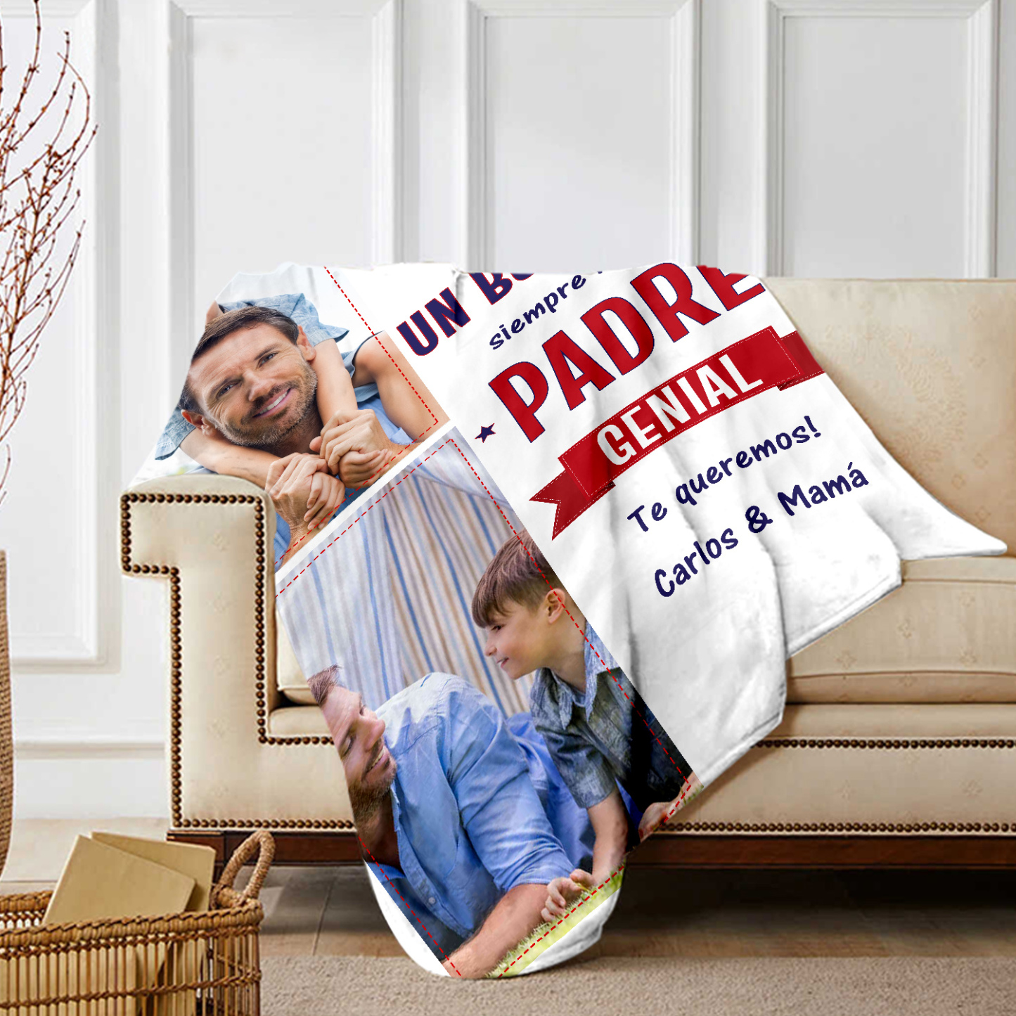 A mi padre - Manta de buen calidad con frase amoroso y personalizada con 2 fotos y 1 texto-Jessemade ES