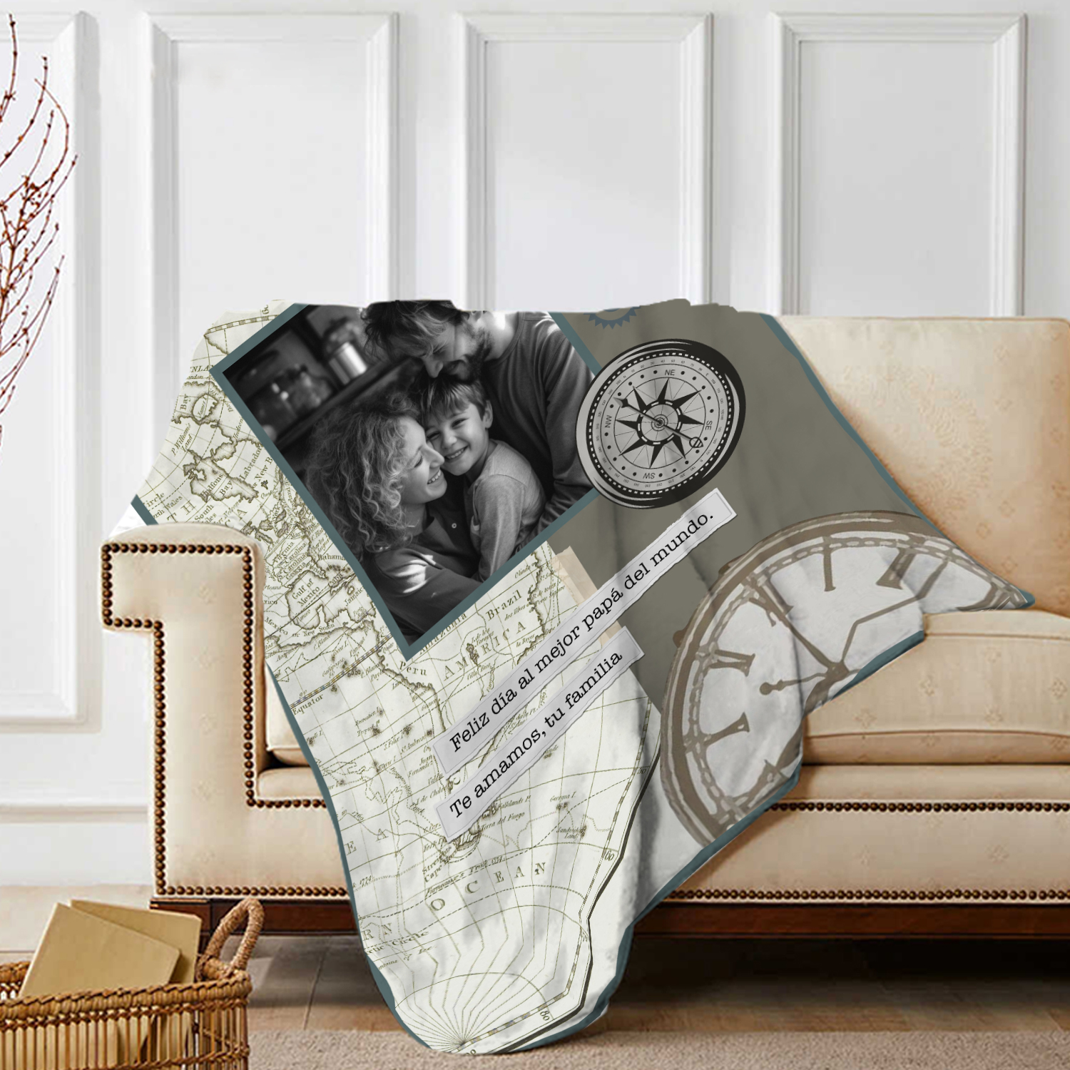 A mi padre-Manta de buen calidad de reloj personalizada con 1 foto y 1 texto-Jessemade ES