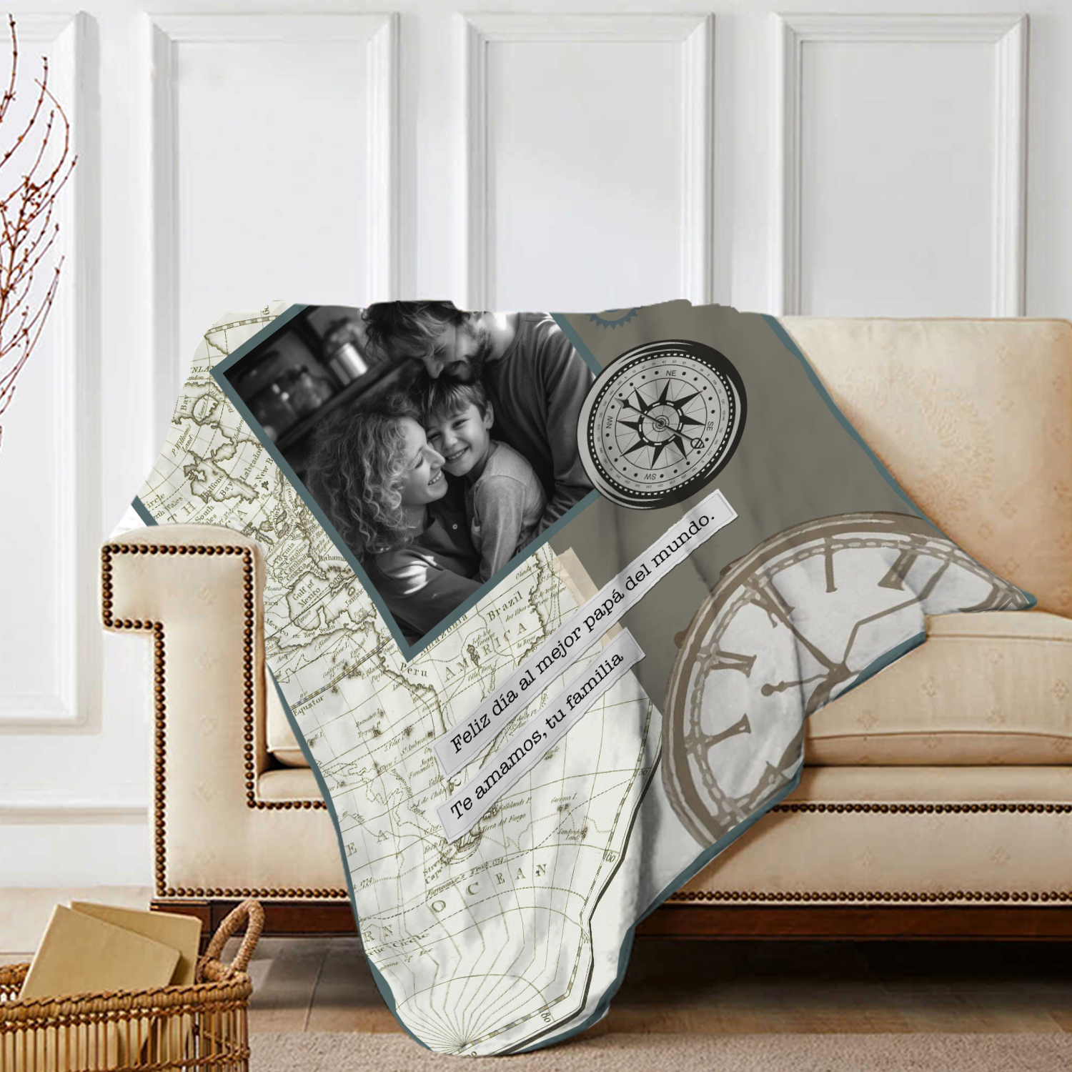 A mi padre-Manta de buen calidad de reloj personalizada con 1 foto y 1 texto-Jessemade ES