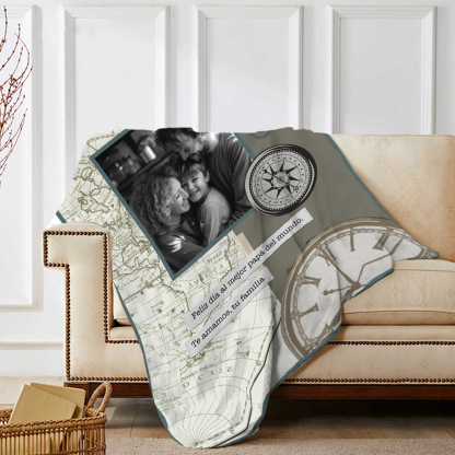 A mi padre-Manta de buen calidad de reloj personalizada con 1 foto y 1 texto-Jessemade ES