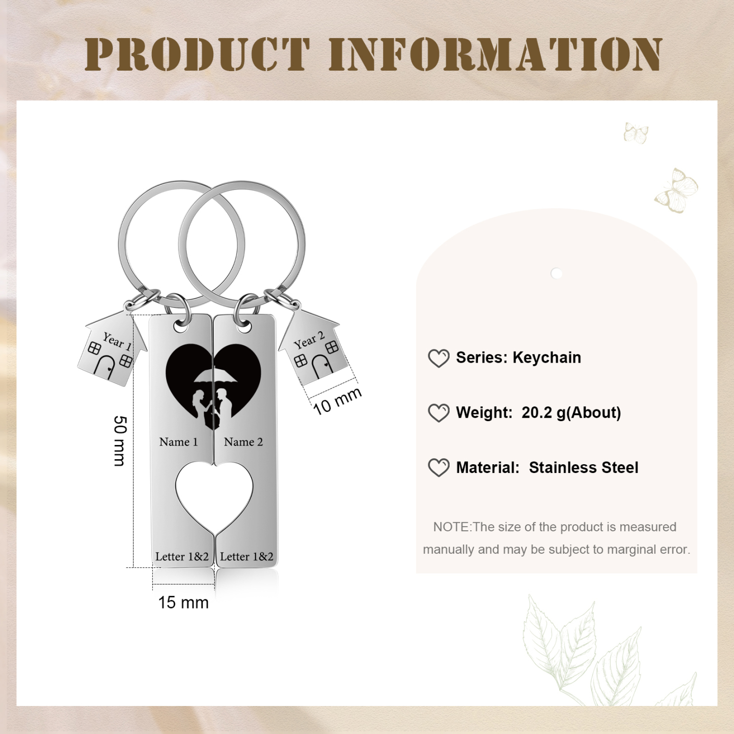 Llavero para pareja sombras 2 letras, 2 nombres personalizados con año dije de casa-Jessemade ES
