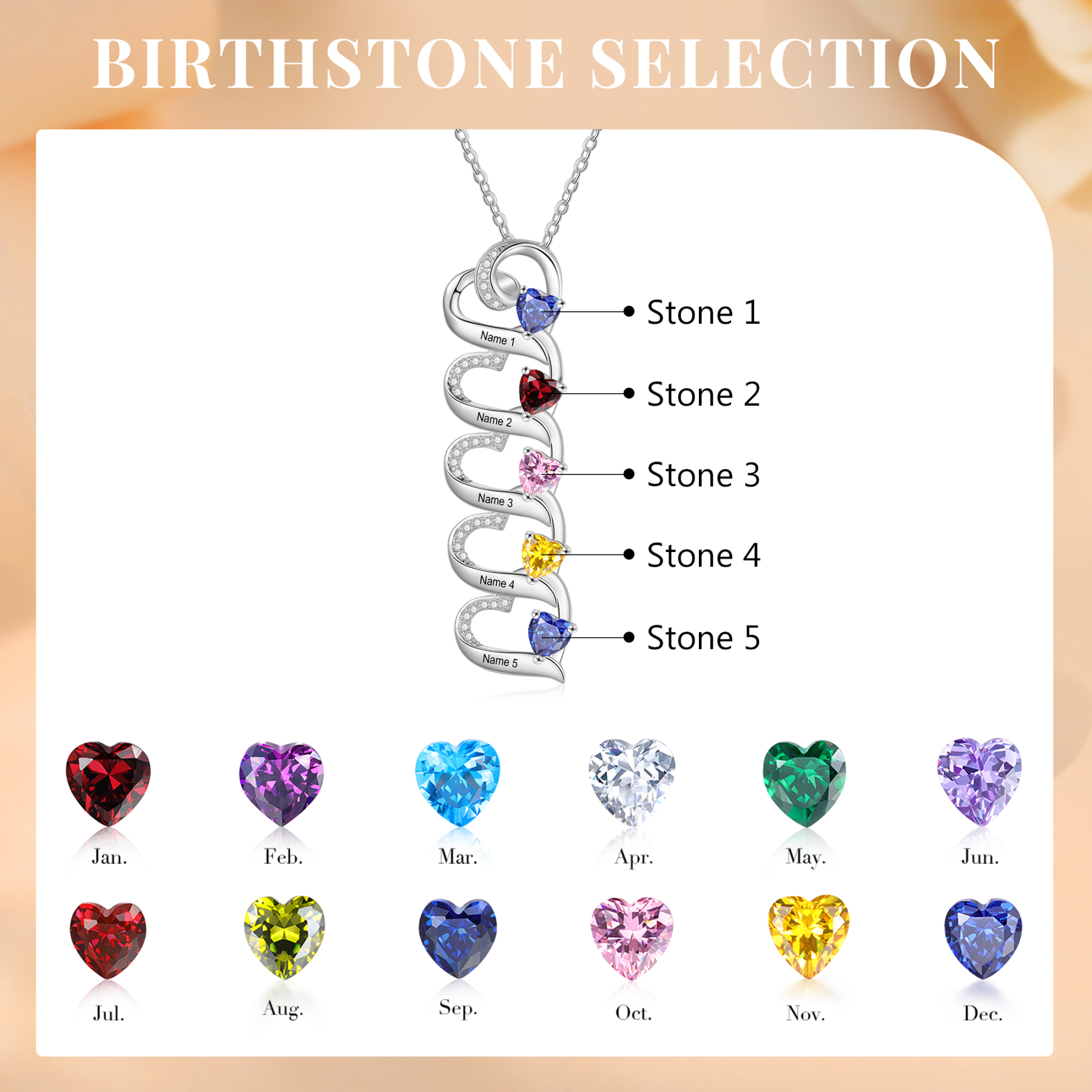 Collar de corazones con 2-5 nombres personalizados y 2-5 piedras de nacimiento-Jessemade ES