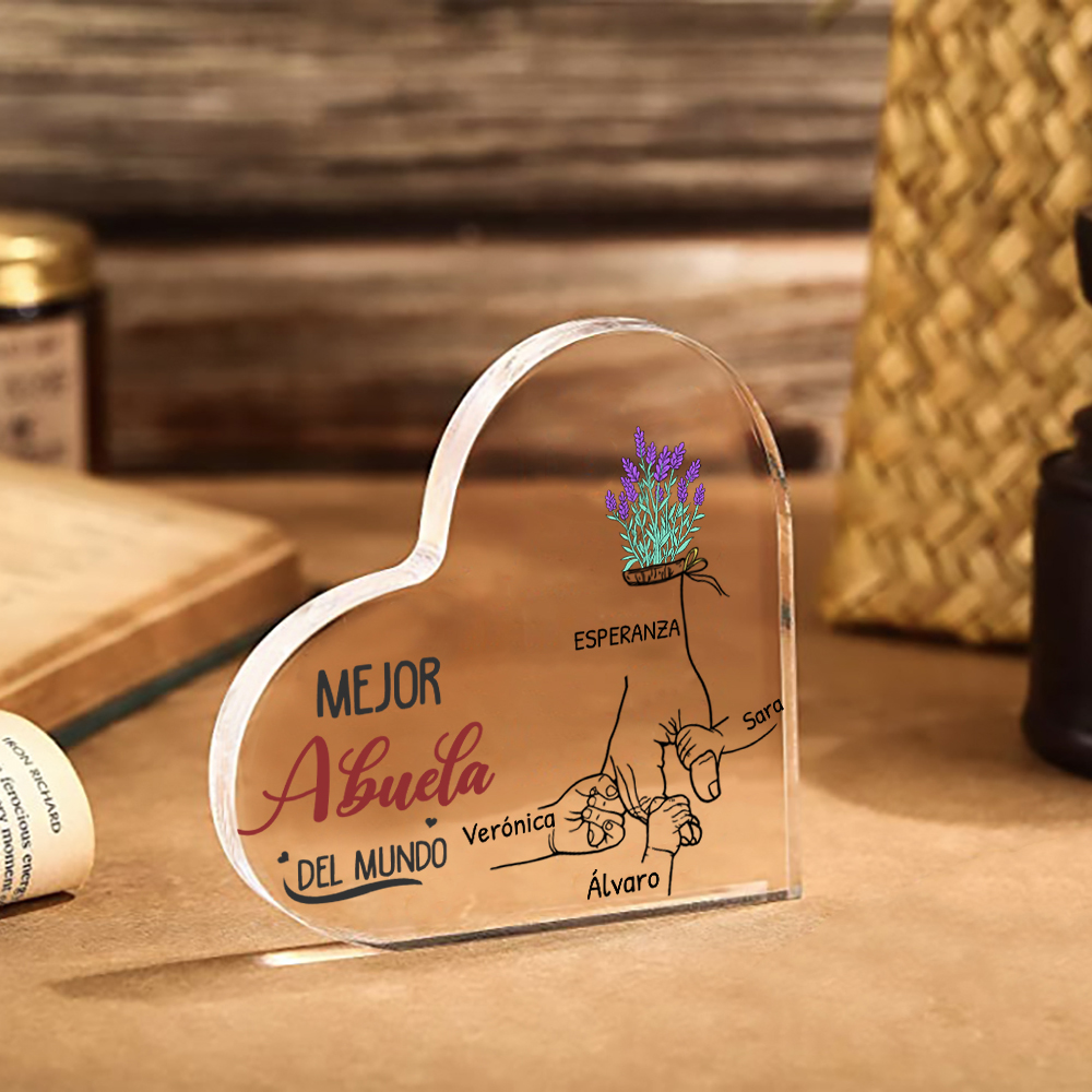 Abuela - Placa de acrílico en forma de corazón manos cogidas 2-7 nombres personalizados