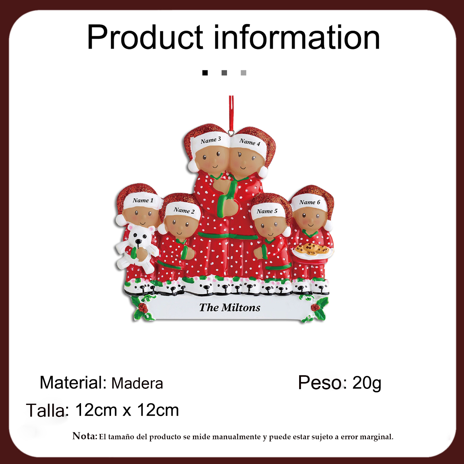 Navidad-Muñecos Piel Bronceada Ornamentos Navideños Familiar 2 Nombres con Texto Personalizados Adorno de Madera