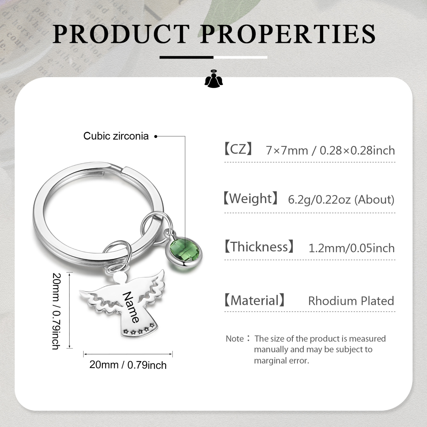 Llavero con colgante de ángel amuleto de guardia personalizado con 1 nombre y 1 piedra-Jessemade ES