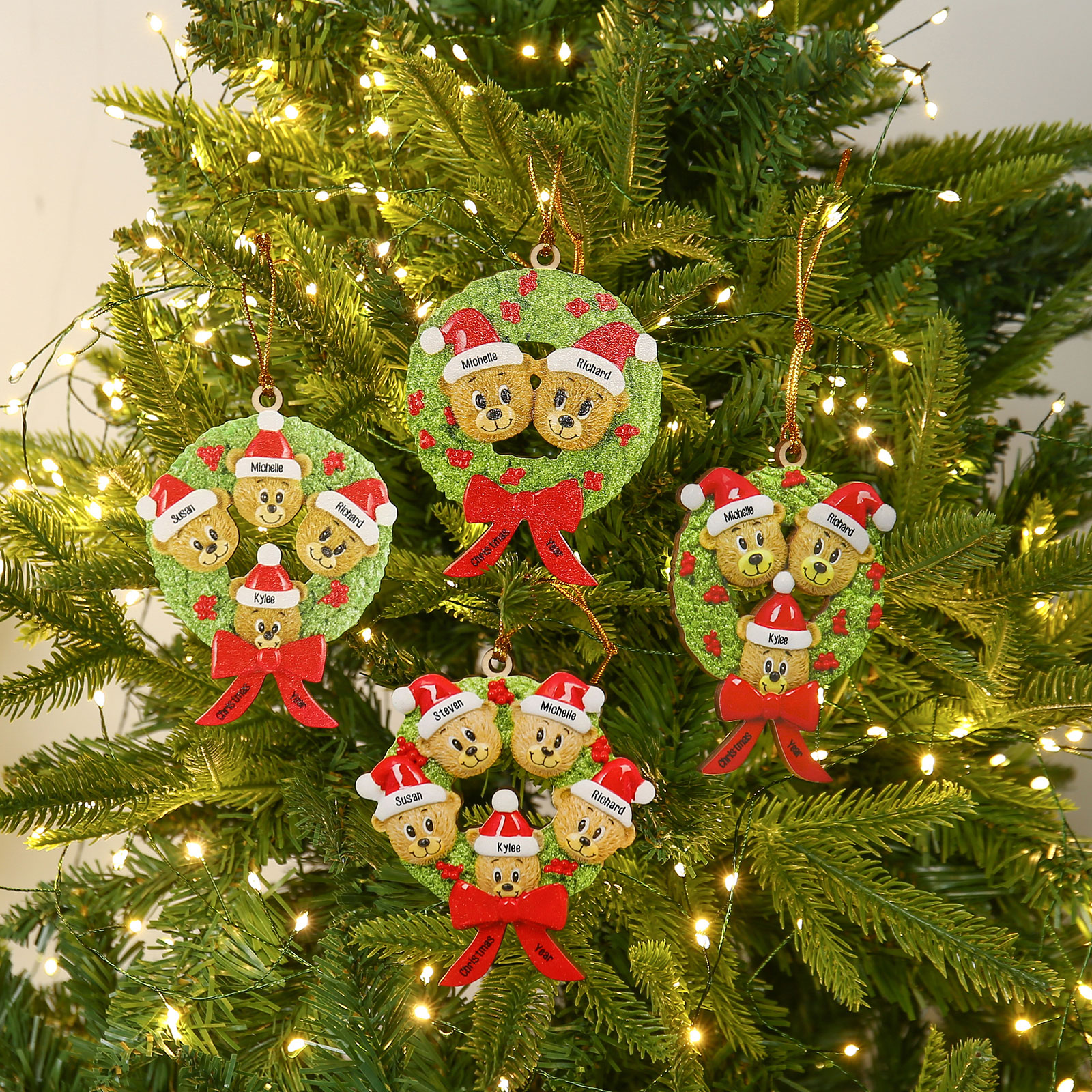 Navidad-Ornamentos Navideños de Madera Guirnalda y osos 2 Nombres con 2 Textos Personalizados