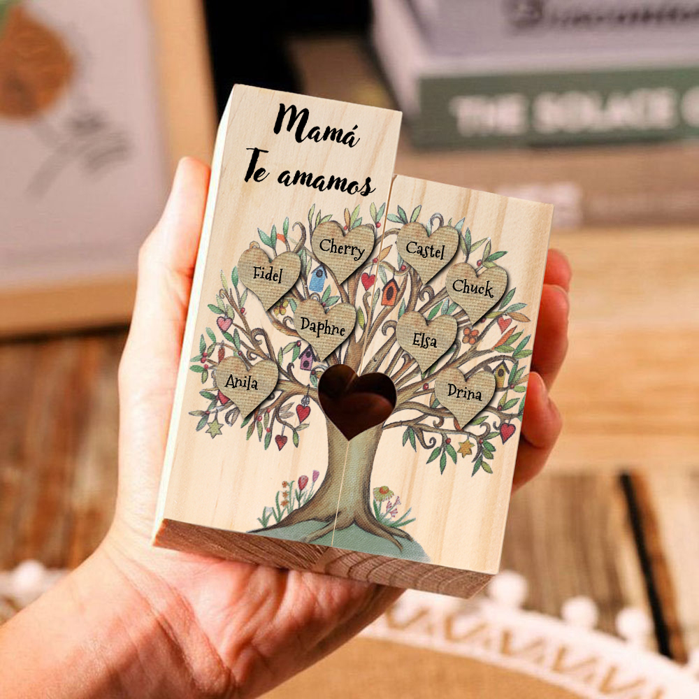 A la familia-Candelero de árbol de la vida de madera personalizado con 3-8 nombres y 1 texto sin vela-Jessemade ES