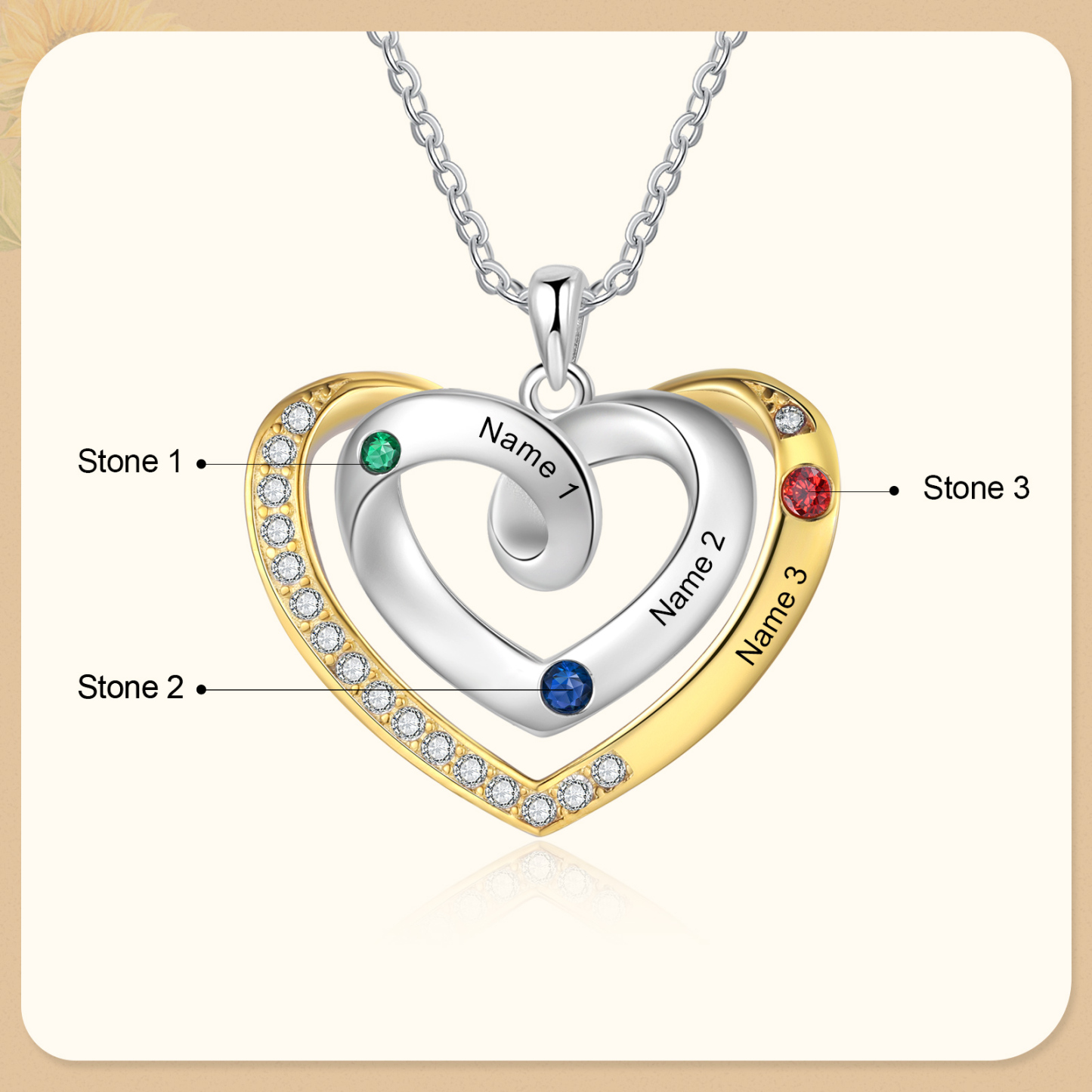 Collar de corazón con 3 nombres y piedras de nacimiento personalizados-Jessemade ES