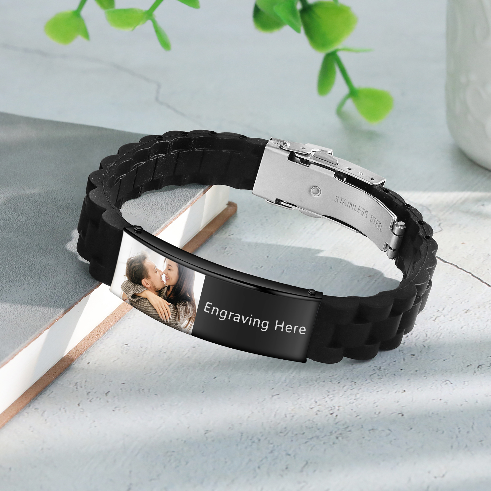 Pulsera personalizada con 1 texto y 1 foto para hombre-Jessemade ES
