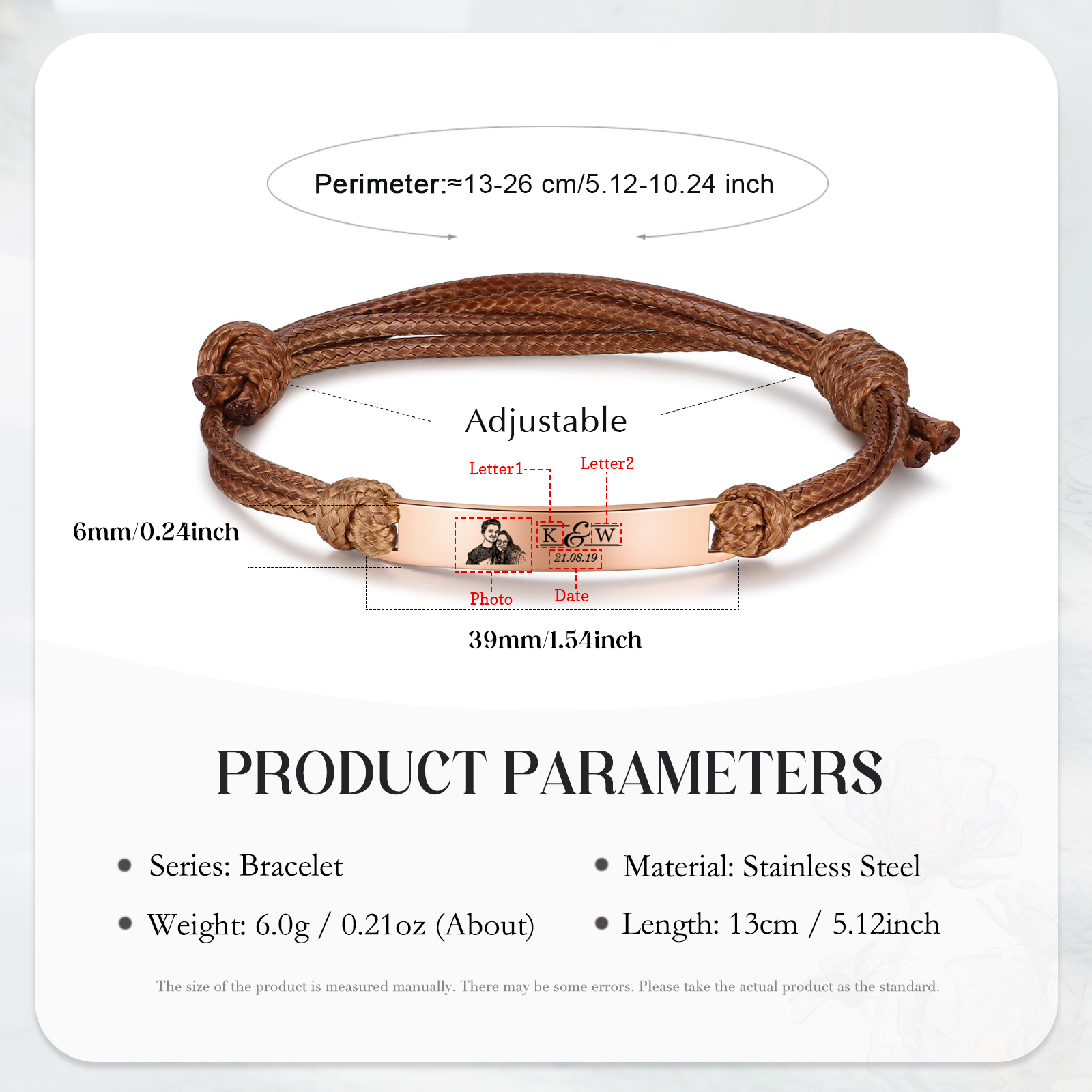 Pulseras de cuerda con placa personalizada con 2 letras, fecha y foto-Jessemade ES