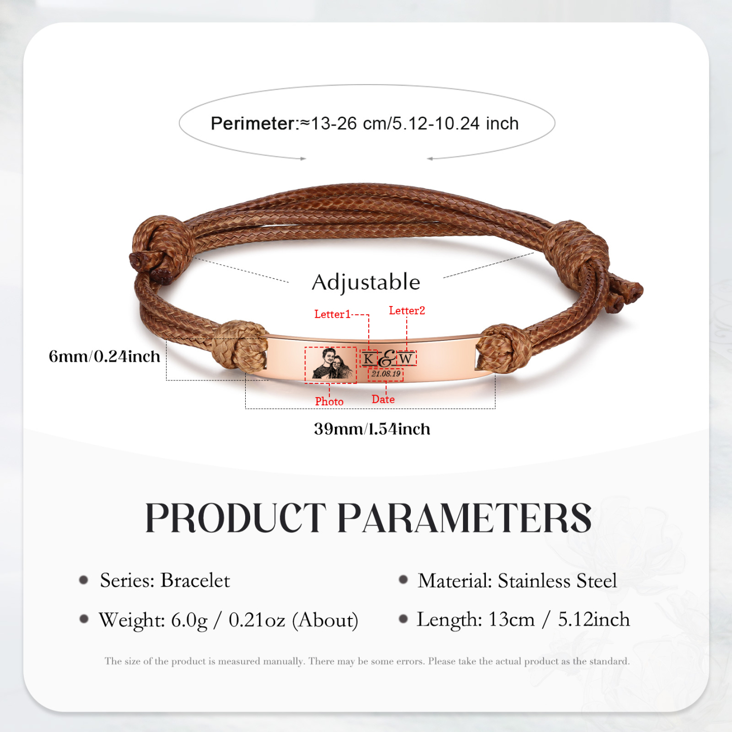 Pulseras de cuerda con placa personalizada con 2 letras, fecha y foto-Jessemade ES