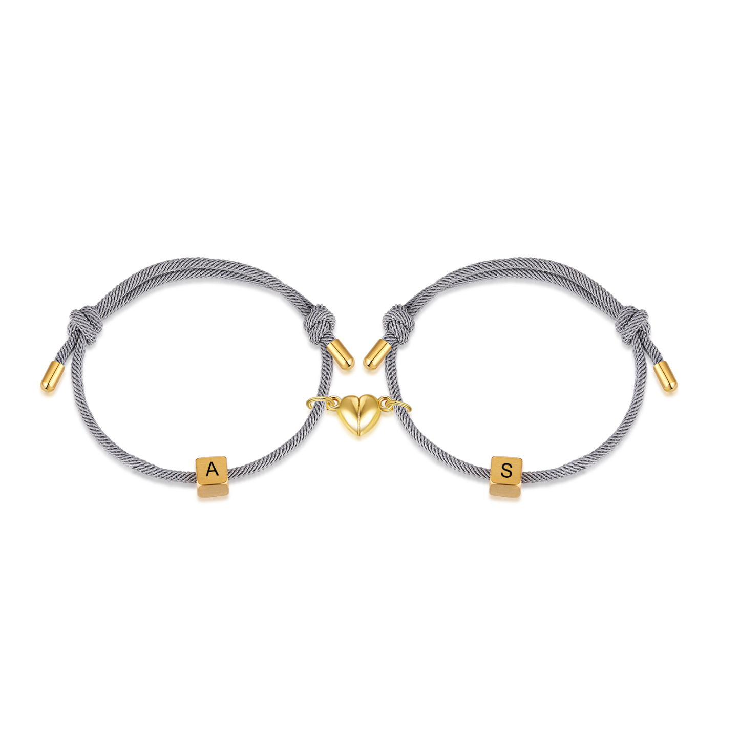 Pulseras de cuerda personalizadas para pareja con dije de corazón magnético grabado de dos letras-Jessemade ES