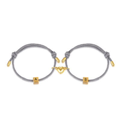 Pulseras de cuerda personalizadas para pareja con dije de corazón magnético grabado de dos letras-Jessemade ES