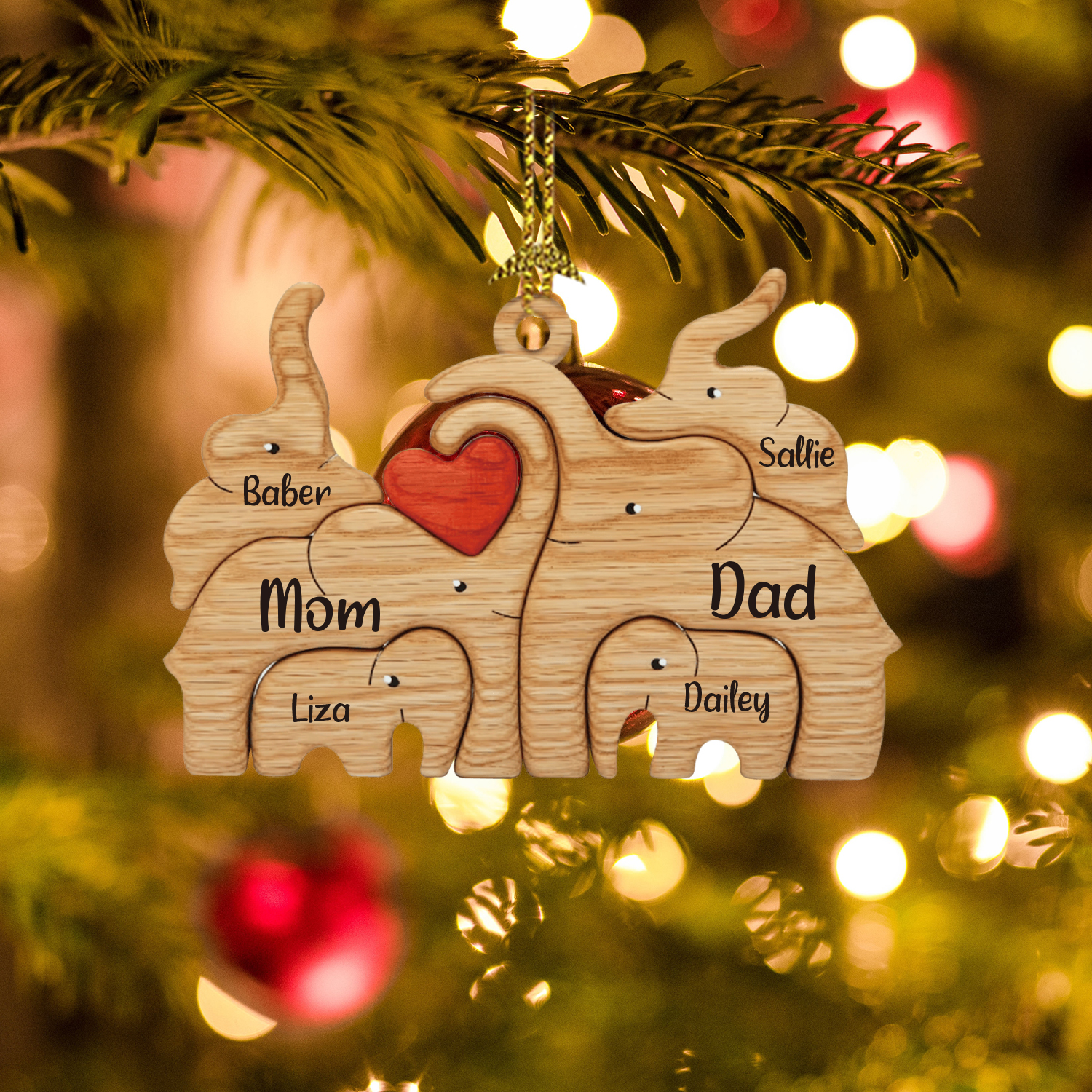 Navidad-Ornamento muñecos navideño de madera familia de elefantes 6 nombres personalizados adorno del árbol-Jessemade ES