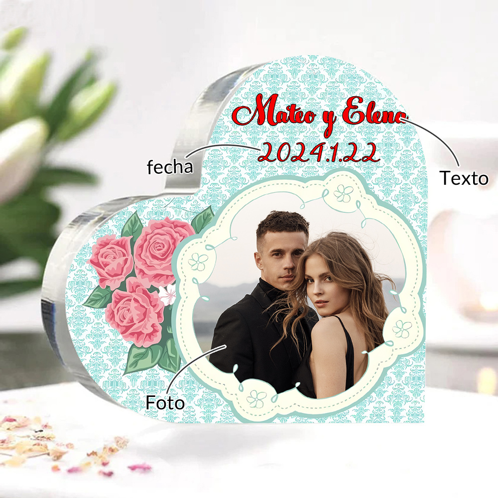 Placa de acrílico en forma de corazón con fecha, texto y foto personalizados-Jessemade ES