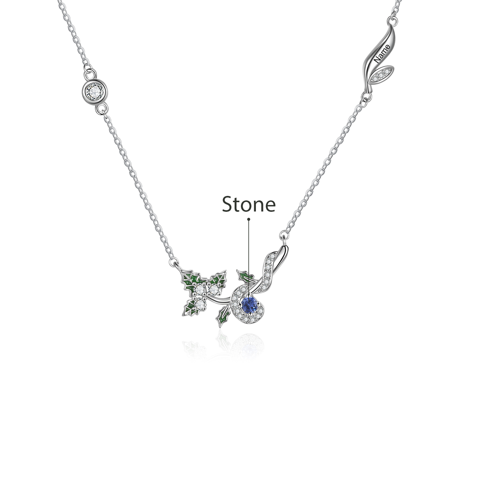 Collar de flor de diciembre acebo con nombre personalizado y piedra de nacimiento-Jessemade ES