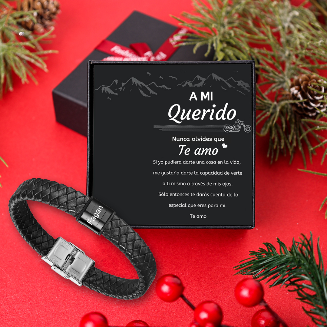 A mi querido-Pulsera de cuero trenzado de hombre con 1 perla personalizada con 1 nombre-Jessemade ES