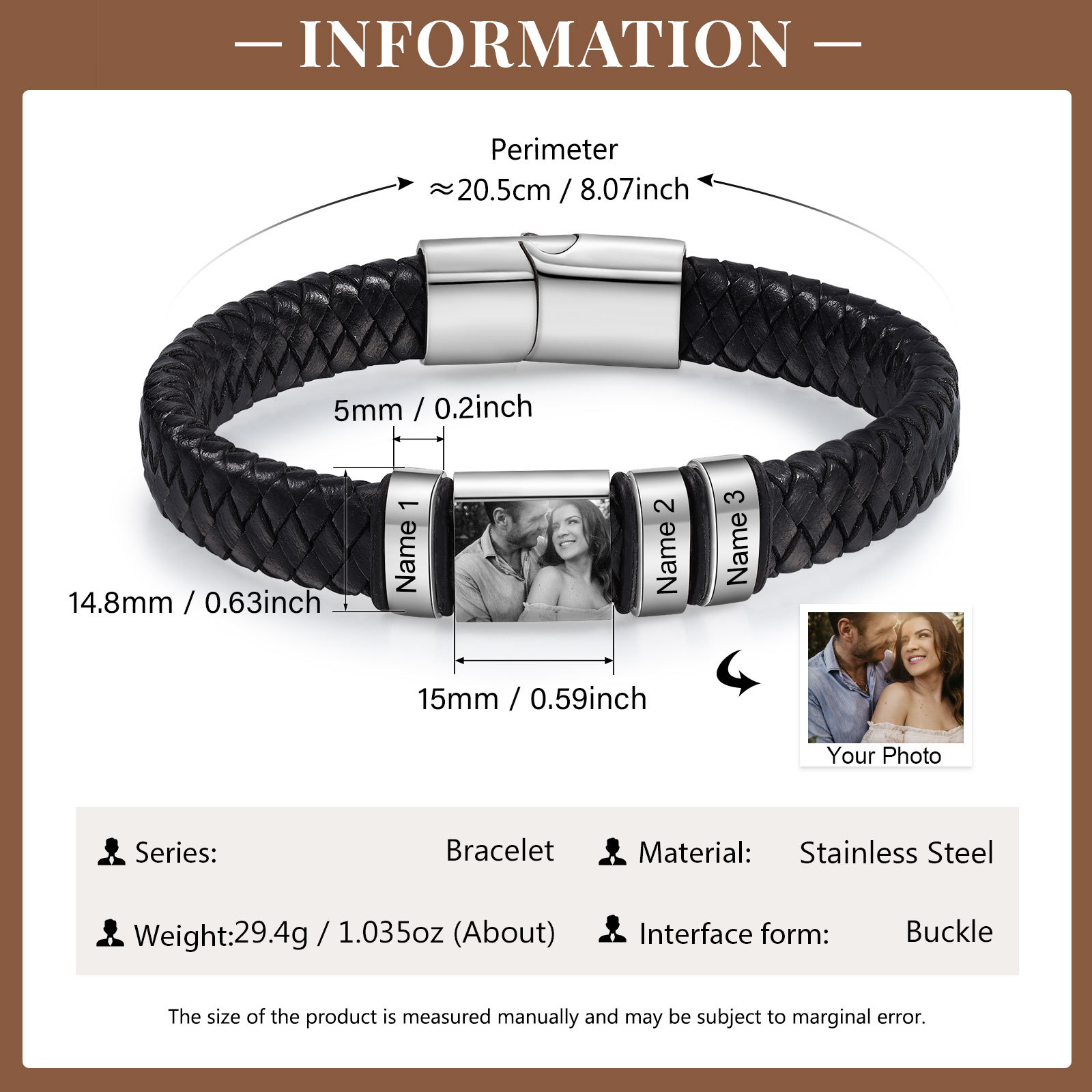 Pulsera de Cueros Trenzados Aros Personalizados de 2-5 Nombres y Placa de Foto-Jessemade ES