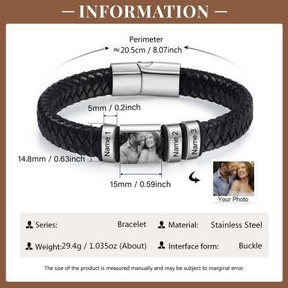 Pulsera de Cueros Trenzados Aros Personalizados de 2-5 Nombres y Placa de Foto-Jessemade ES