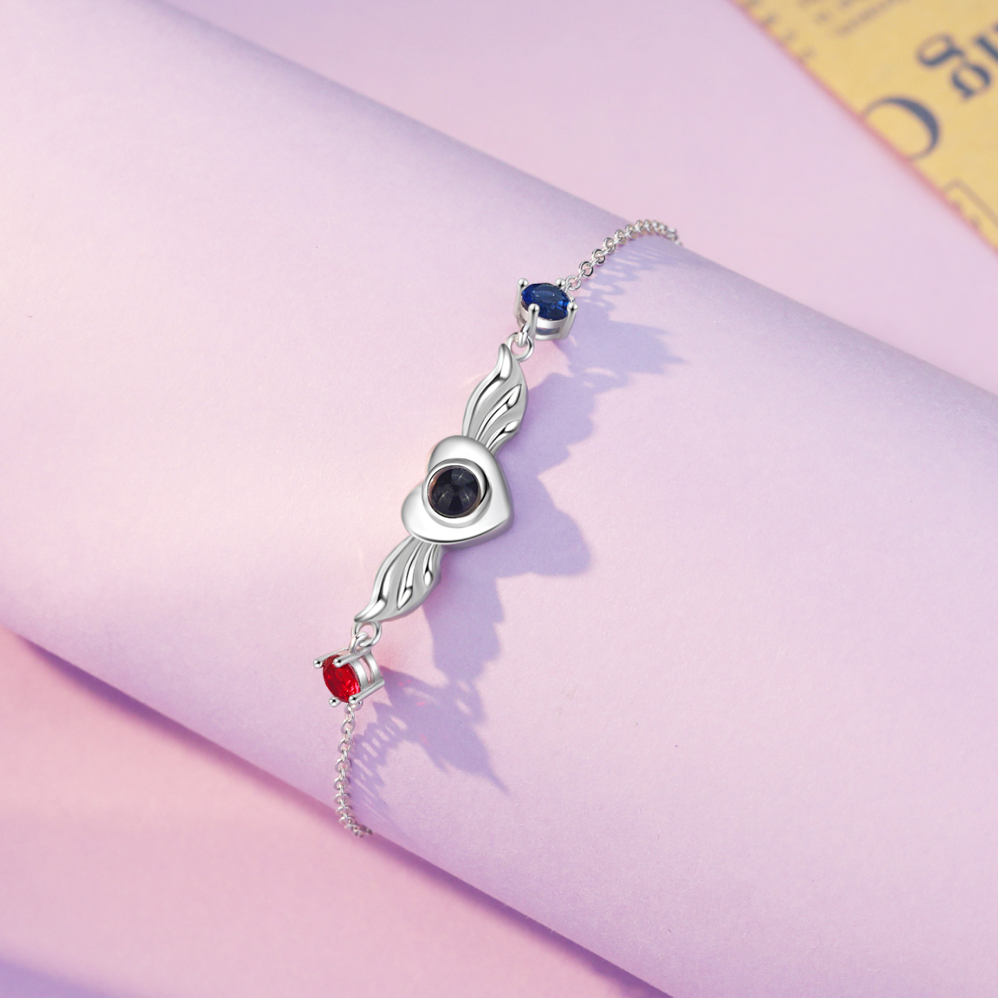 Pulsera con proyección de foto en color y personalizada con 2 piedras para mujer corazón con alas, Brazalete de proyección-Jessemade ES